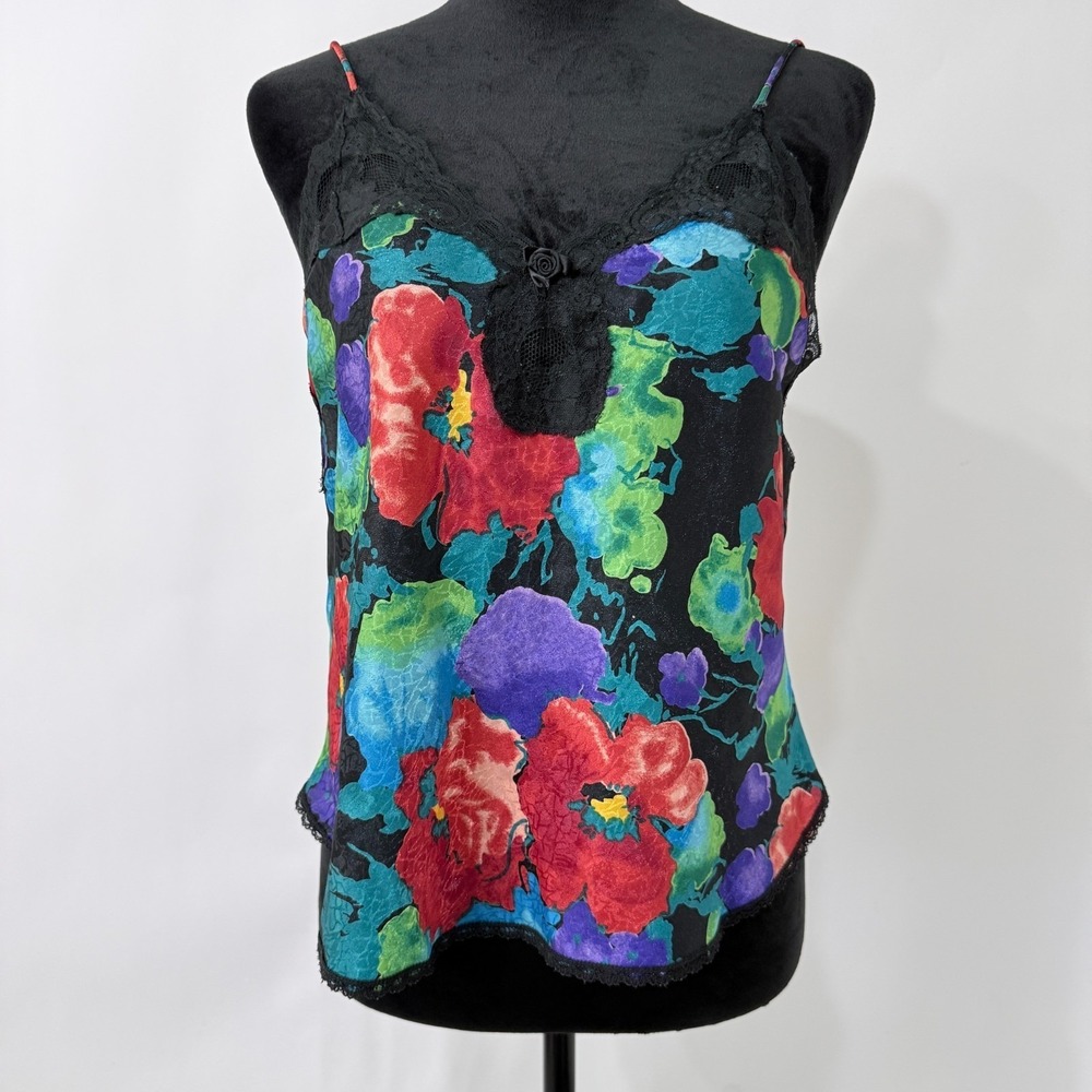Vintage Indulgence Cami Top Womens Size 36 Black Multicolor Floral‎ Lace Trim